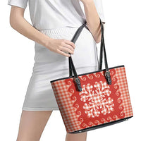 Red Ulu Palaka Quilt Pattern Leather Tote Bag Hawaii Culture Breadfruit LT9 - Polynesian Pride