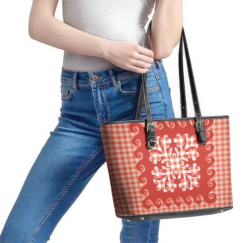 Red Ulu Palaka Quilt Pattern Leather Tote Bag Hawaii Culture Breadfruit LT9 - Polynesian Pride