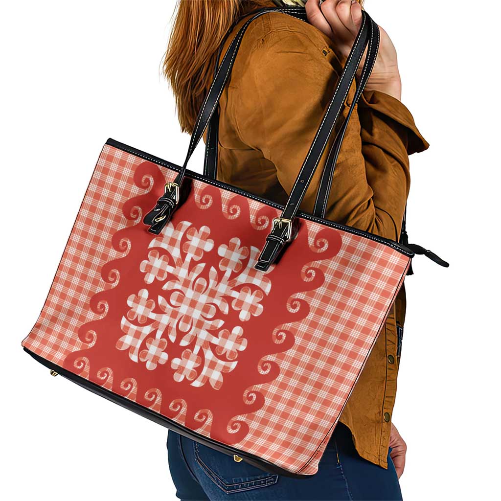 Red Ulu Palaka Quilt Pattern Leather Tote Bag Hawaii Culture Breadfruit LT9 - Polynesian Pride