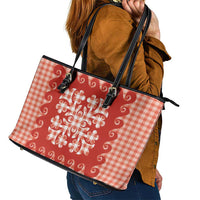 Red Ulu Palaka Quilt Pattern Leather Tote Bag Hawaii Culture Breadfruit LT9 - Polynesian Pride