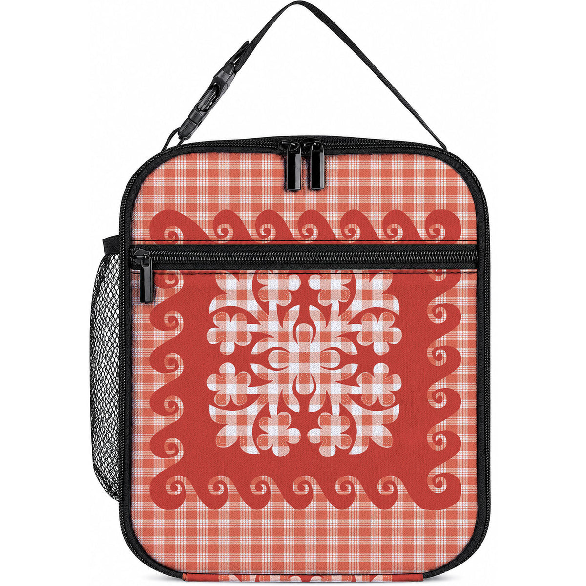 Red Ulu Palaka Quilt Pattern Lunch Bag Hawaii Culture Breadfruit LT9 10.2 × 8.3 × 4.3 inch Red - Polynesian Pride
