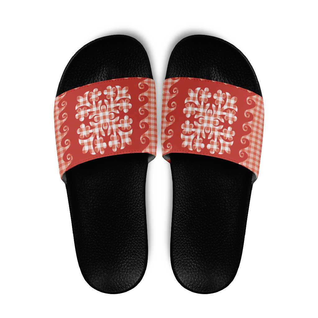 Red Ulu Palaka Quilt Pattern Slide Sandals Hawaii Culture Breadfruit LT9 Red - Polynesian Pride