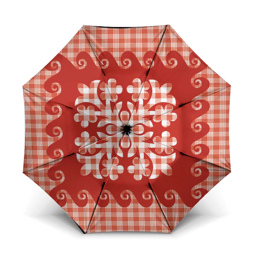Red Ulu Palaka Quilt Pattern Umbrella Hawaii Culture Breadfruit LT9 One Size Folded 11.42 inch Opened Diameter 37.4 inch Red - Polynesian Pride