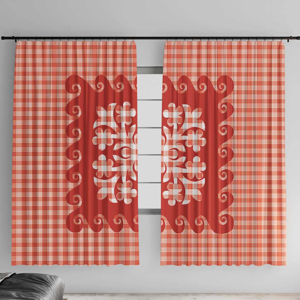 Red Ulu Palaka Quilt Pattern Window Curtain Hawaii Culture Breadfruit LT9 With Hooks Red - Polynesian Pride
