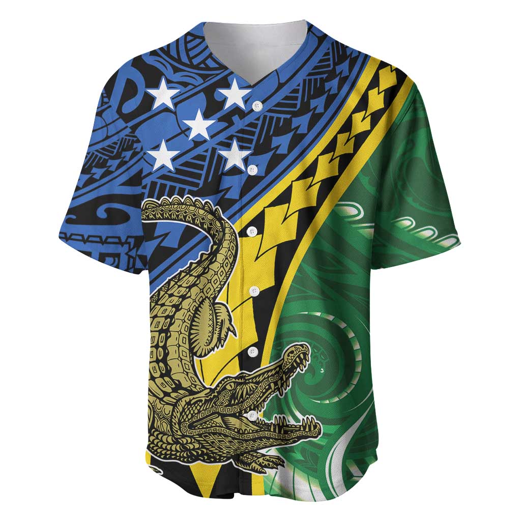 Personalised Crocodile and Shark Solomon Islands Baseball Jersey Polynesian Tribal Tattoo LT9 Green - Polynesian Pride