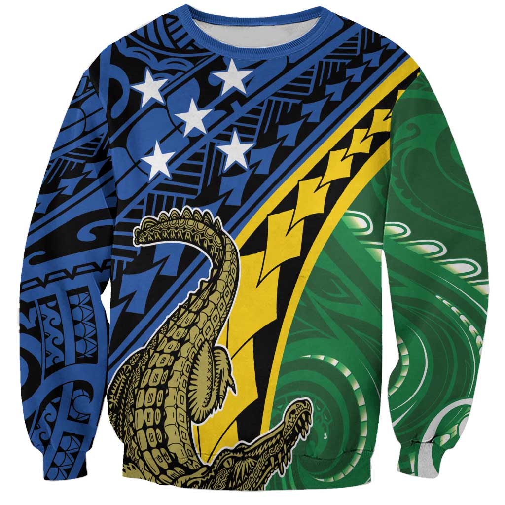 Personalised Crocodile and Shark Solomon Islands Sweatshirt Polynesian Tribal Tattoo LT9 Unisex Green - Polynesian Pride