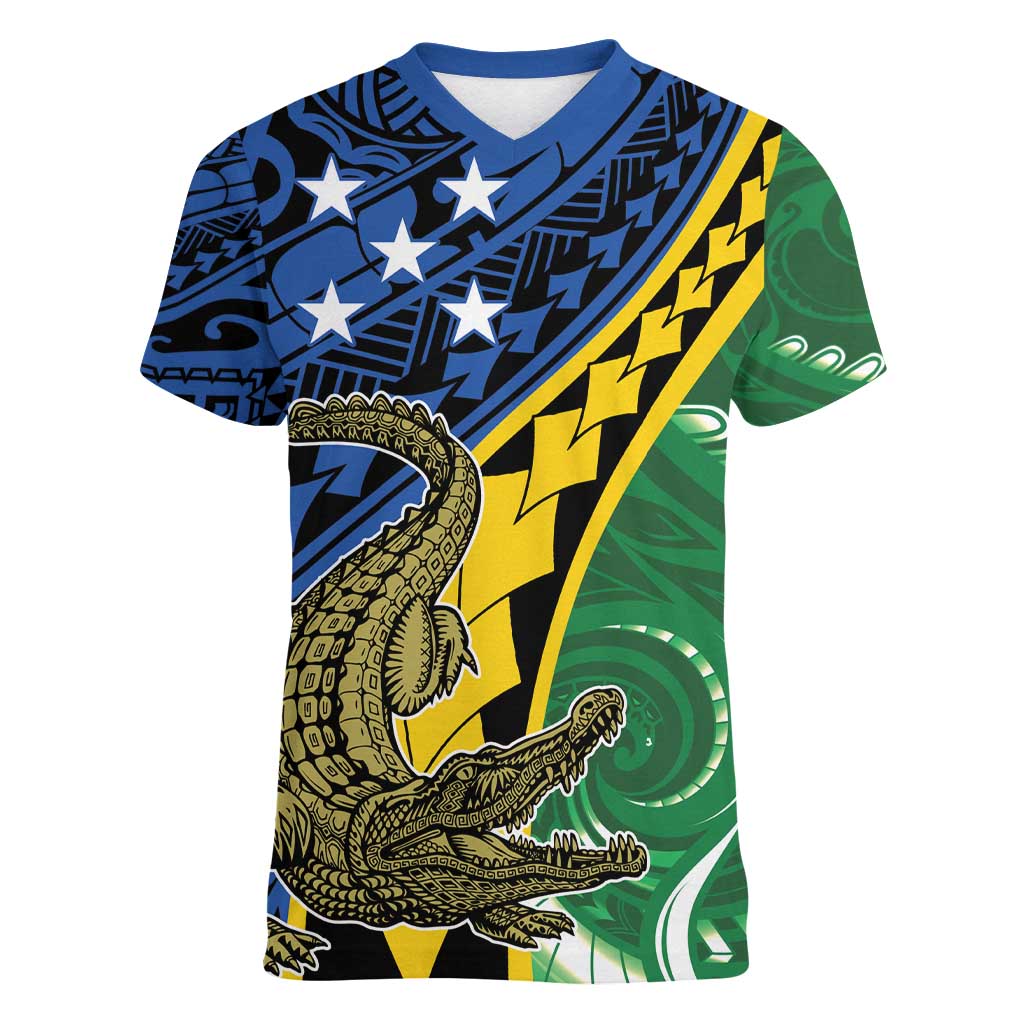 Personalised Crocodile and Shark Solomon Islands Women V-Neck T-Shirt Polynesian Tribal Tattoo