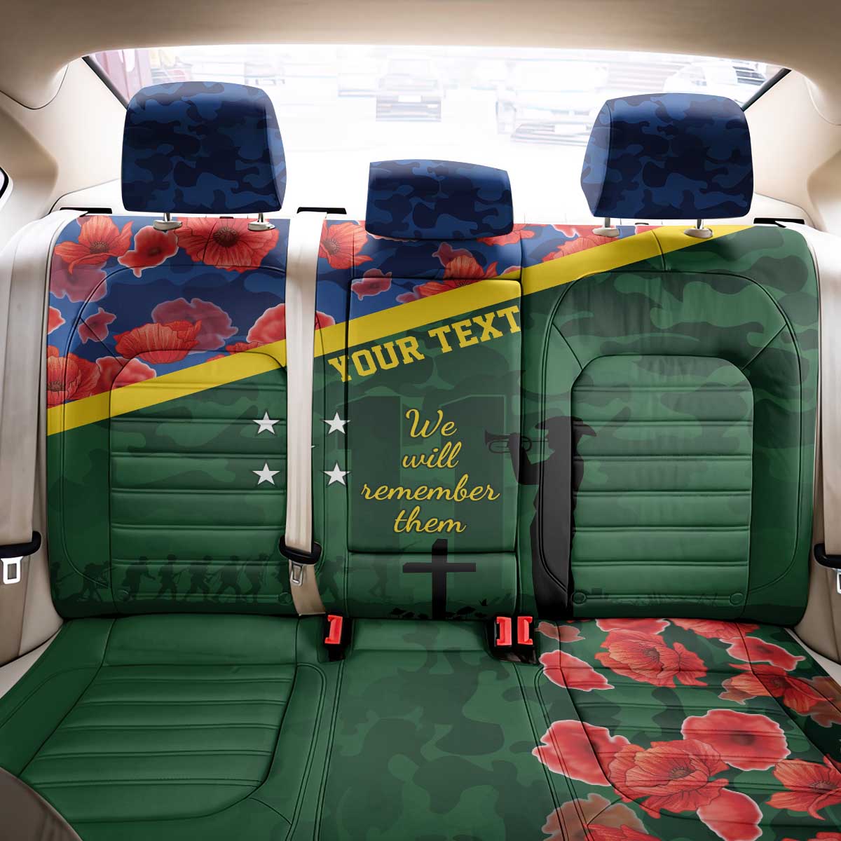 Personalised Solomon Islands Remembrance Day Back Car Seat Cover We Will Remember Them with Camouflage Style LT9 - Polynesian Pride