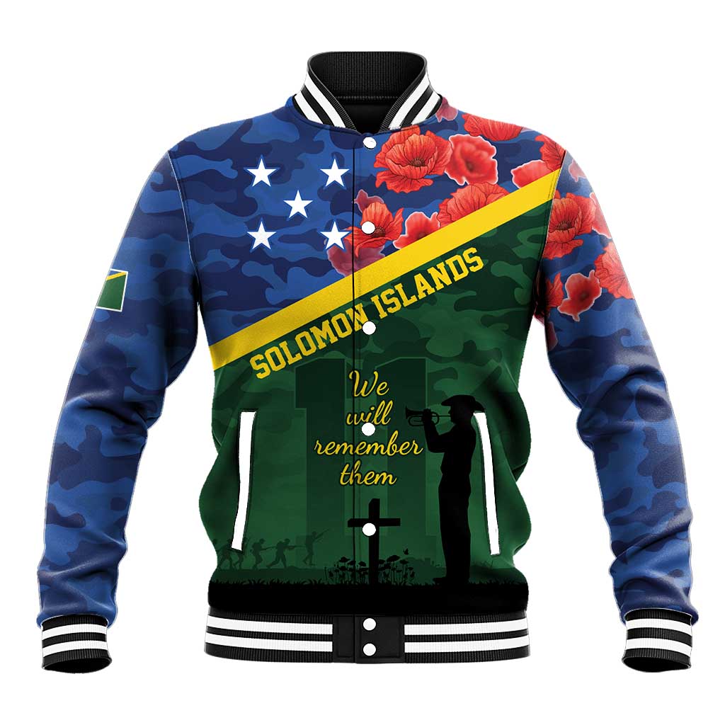 Personalised Solomon Islands Remembrance Day Baseball Jacket We Will Remember Them with Camouflage Style LT9 Unisex Green - Polynesian Pride