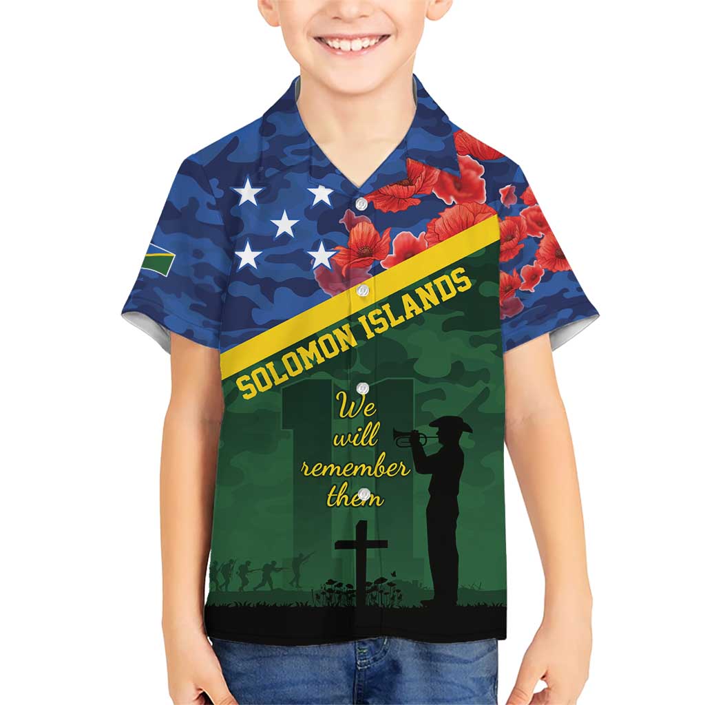 Personalised Solomon Islands Remembrance Day Kid Hawaiian Shirt We Will Remember Them with Camouflage Style LT9 Kid Green - Polynesian Pride