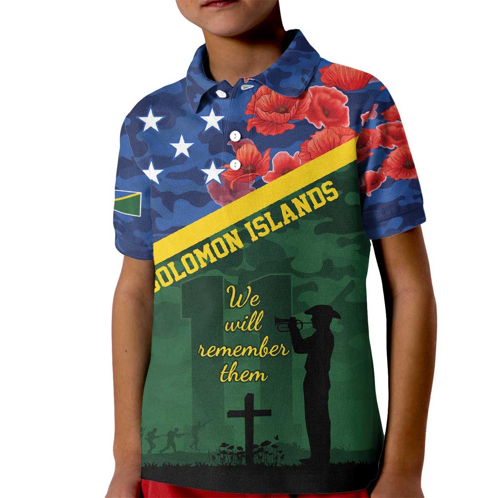 Personalised Solomon Islands Remembrance Day Kid Polo Shirt We Will Remember Them with Camouflage Style LT9 Kid Green - Polynesian Pride
