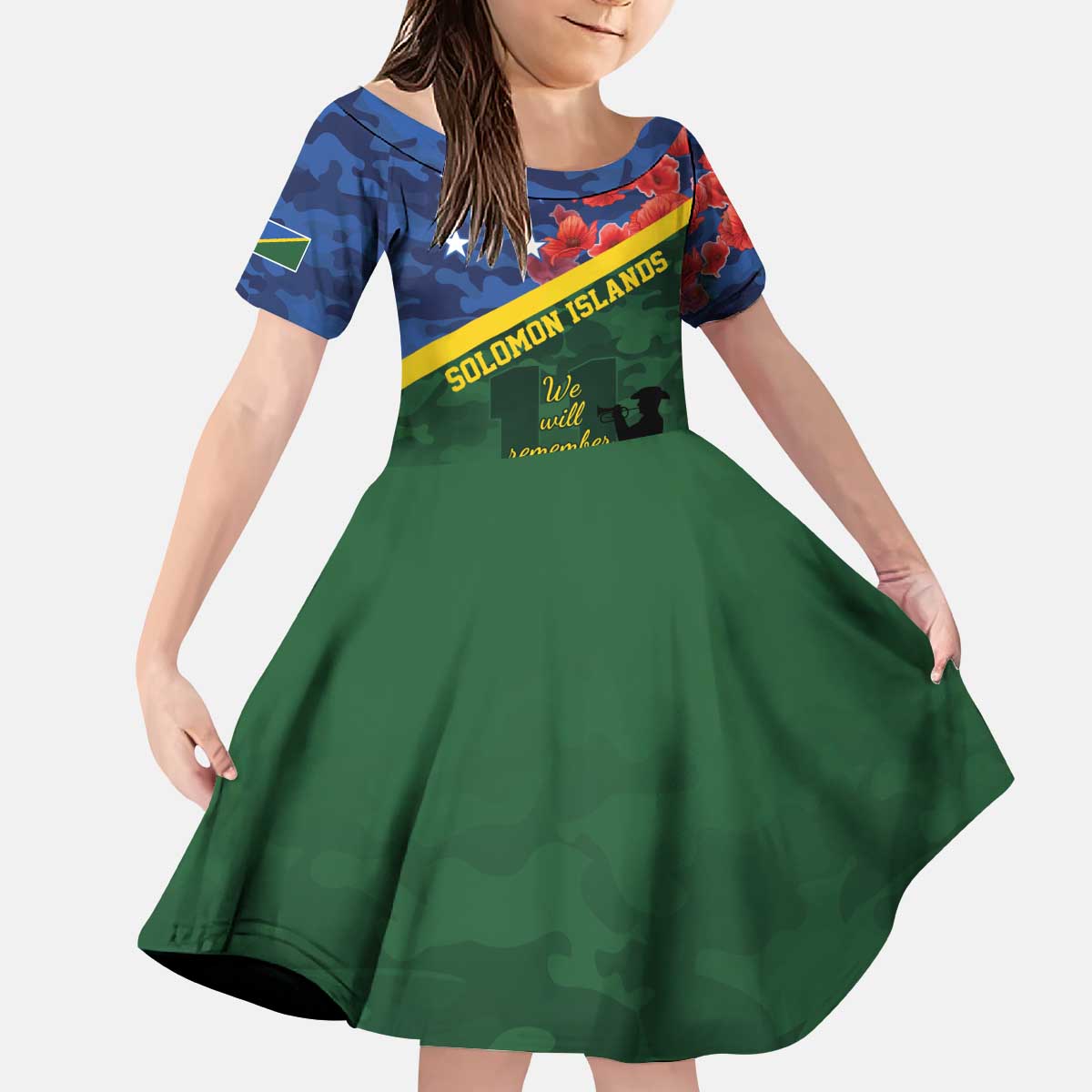 Personalised Solomon Islands Remembrance Day Kid Short Sleeve Dress We Will Remember Them with Camouflage Style LT9 KID Green - Polynesian Pride