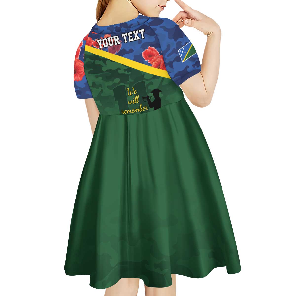 Personalised Solomon Islands Remembrance Day Kid Short Sleeve Dress We Will Remember Them with Camouflage Style LT9 - Polynesian Pride