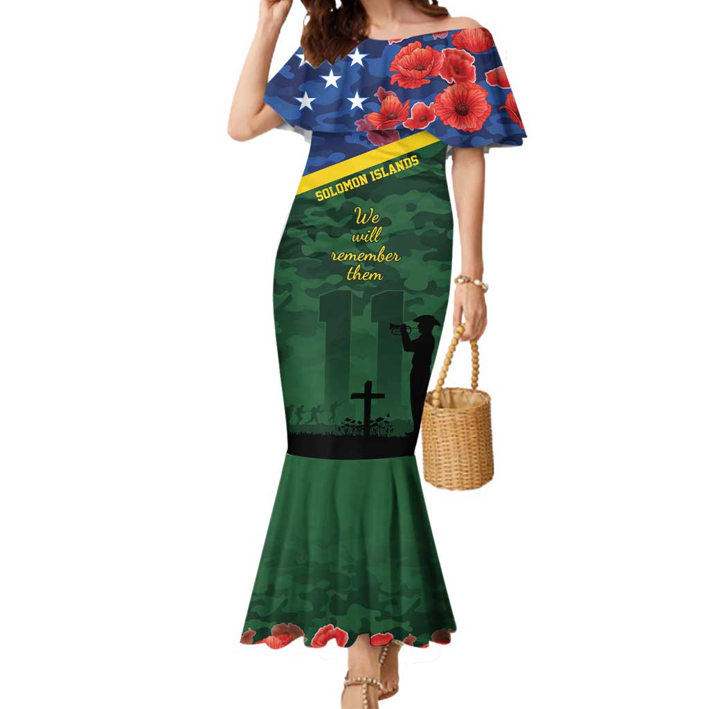 Personalised Solomon Islands Remembrance Day Mermaid Dress We Will Remember Them with Camouflage Style LT9 Women Green - Polynesian Pride