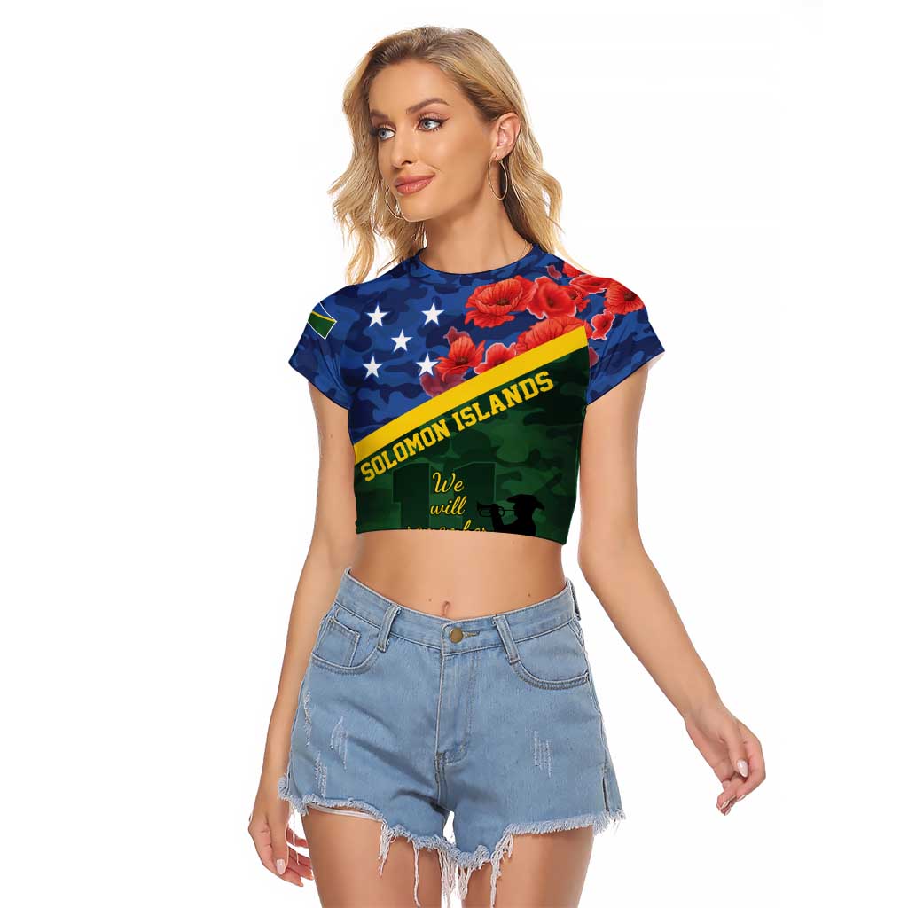 Personalised Solomon Islands Remembrance Day Raglan Cropped T Shirt We Will Remember Them with Camouflage Style LT9 Female Green - Polynesian Pride