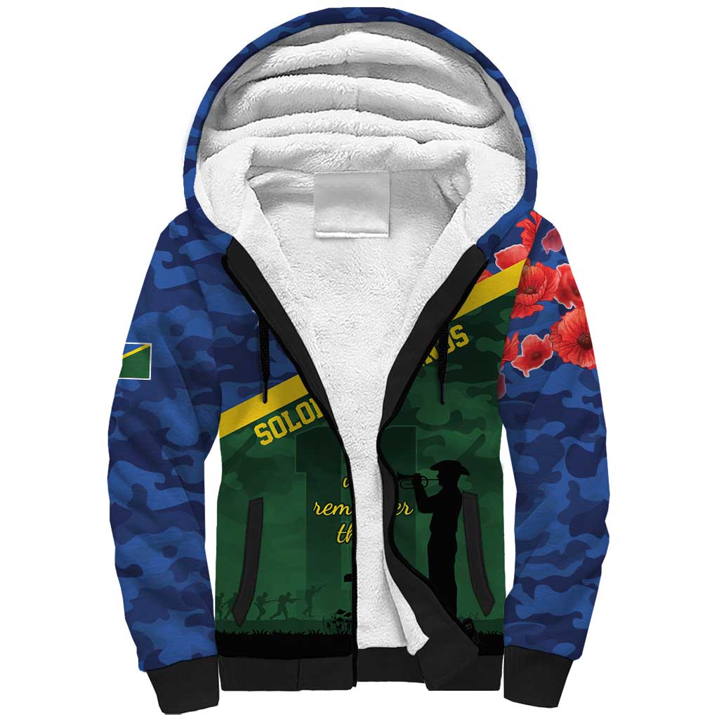 Personalised Solomon Islands Remembrance Day Sherpa Hoodie We Will Remember Them with Camouflage Style LT9 Unisex Green - Polynesian Pride