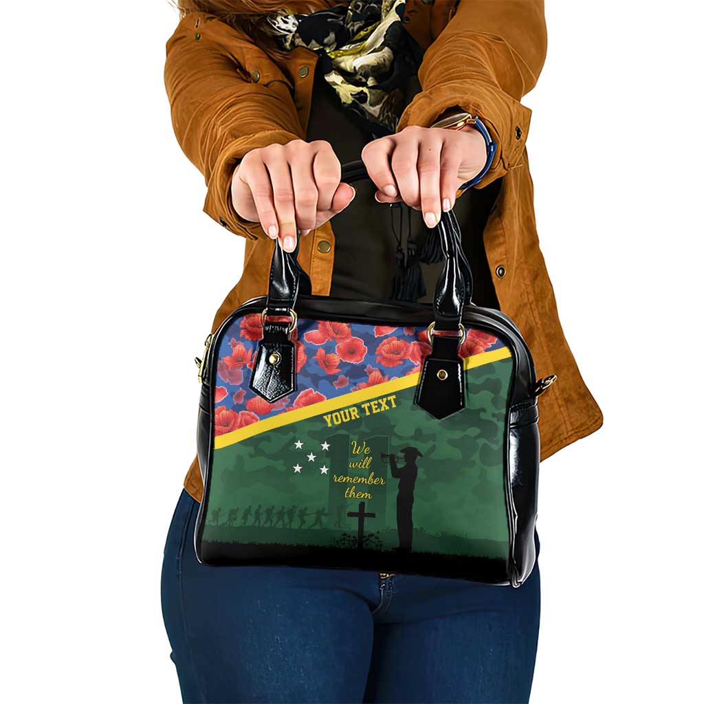 Personalised Solomon Islands Remembrance Day Shoulder Handbag We Will Remember Them with Camouflage Style LT9 One Size Green - Polynesian Pride