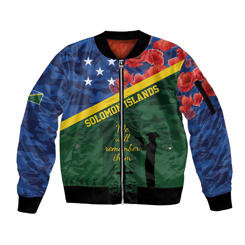 Personalised Solomon Islands Remembrance Day Sleeve Zip Bomber Jacket We Will Remember Them with Camouflage Style LT9 Unisex Green - Polynesian Pride
