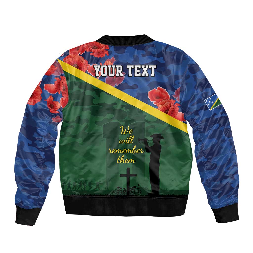 Personalised Solomon Islands Remembrance Day Sleeve Zip Bomber Jacket We Will Remember Them with Camouflage Style LT9 - Polynesian Pride