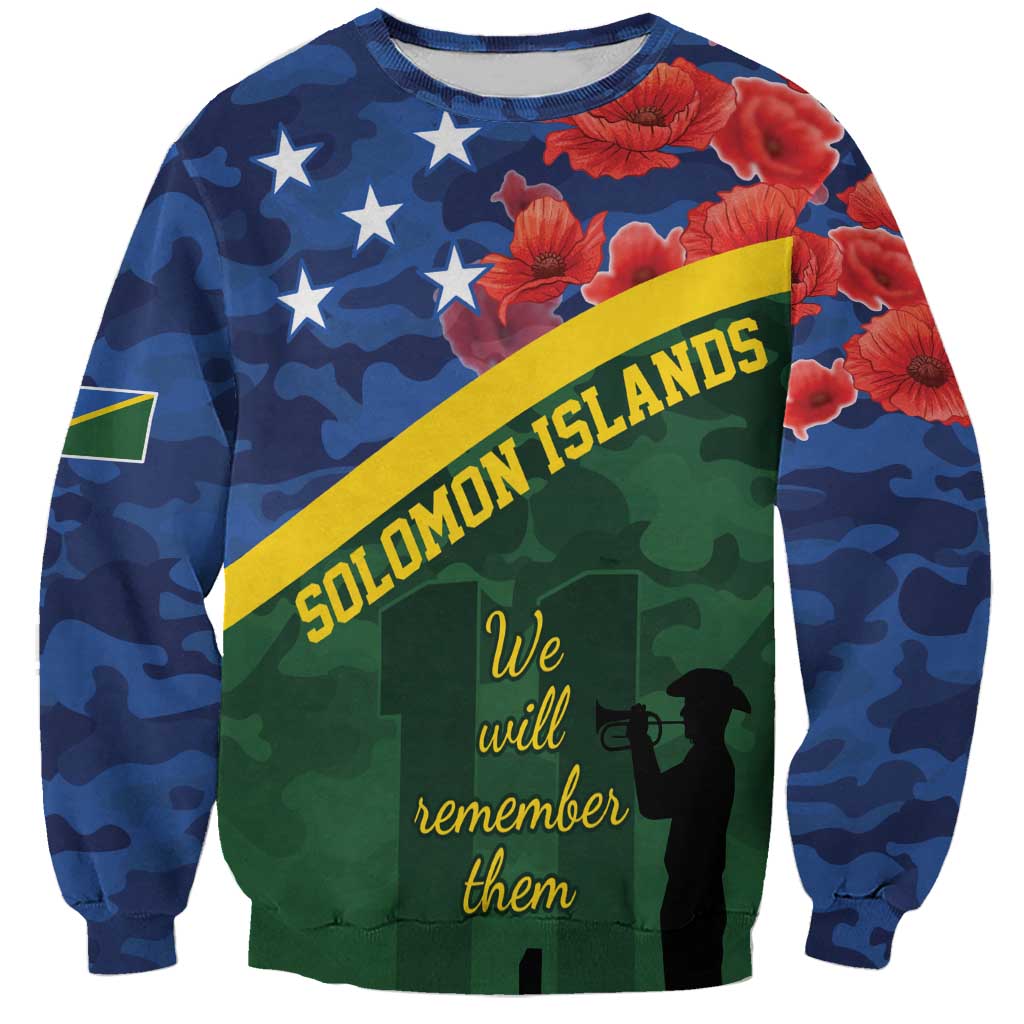Personalised Solomon Islands Remembrance Day Sweatshirt We Will Remember Them with Camouflage Style LT9 Unisex Green - Polynesian Pride