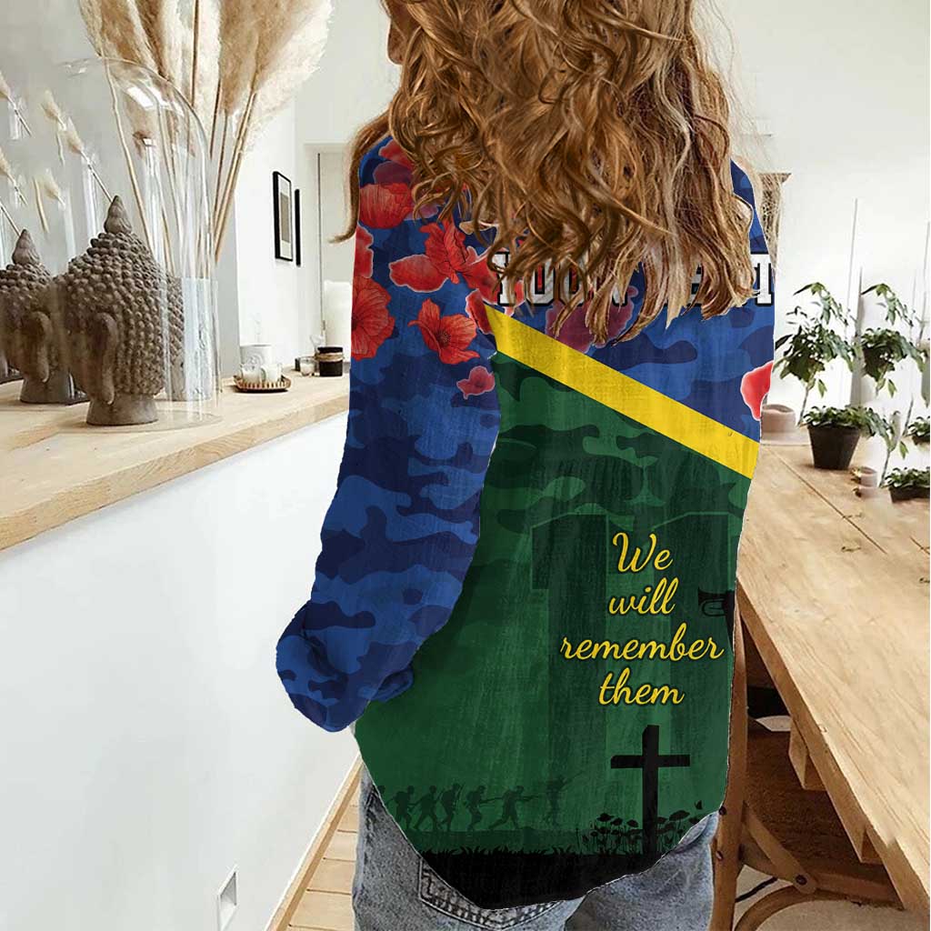 Personalised Solomon Islands Remembrance Day Women Casual Shirt We Will Remember Them with Camouflage Style LT9 - Polynesian Pride