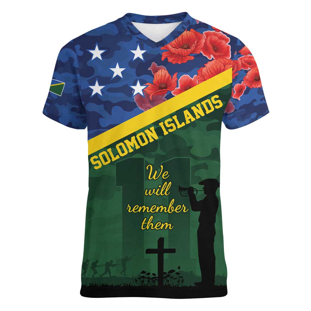 Personalised Solomon Islands Remembrance Day Women V-Neck T-Shirt We Will Remember Them with Camouflage Style