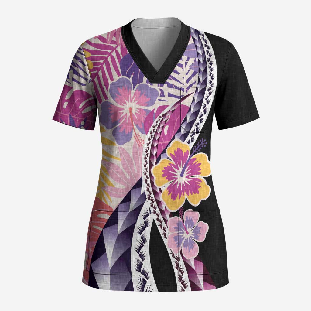 Aloha Vintage Hibiscus Lei Seamless Pattern Scrub Top LT9 Adult Pink - Polynesian Pride