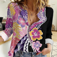 Aloha Vintage Hibiscus Lei Seamless Pattern Women Casual Shirt LT9 Female Pink - Polynesian Pride