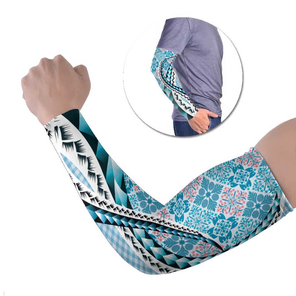 Aloha Vintage Palaka Floral Hawaiian Quilt Arm Sleeves Uliuli Motif LT9 Set of 2 Blue - Polynesian Pride