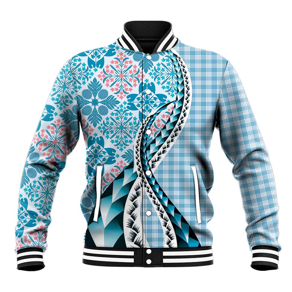 Aloha Vintage Palaka Floral Hawaiian Quilt Baseball Jacket Uliuli Motif LT9 Unisex Blue - Polynesian Pride