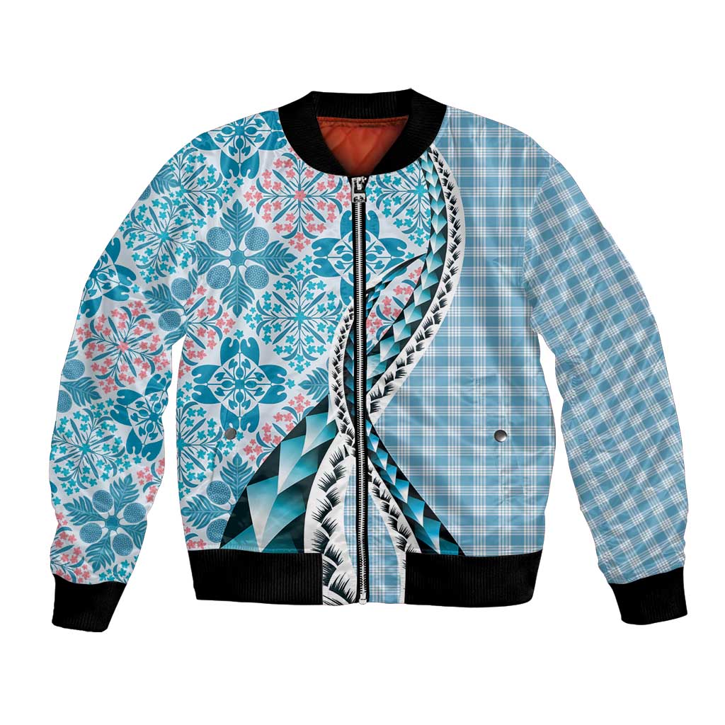 Aloha Vintage Palaka Floral Hawaiian Quilt Bomber Jacket Uliuli Motif LT9 Unisex Blue - Polynesian Pride