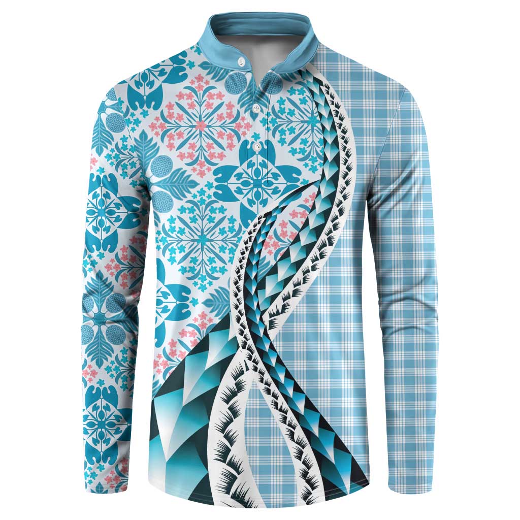 Aloha Vintage Palaka Floral Hawaiian Quilt Button Sweatshirt Uliuli Motif LT9 Blue - Polynesian Pride