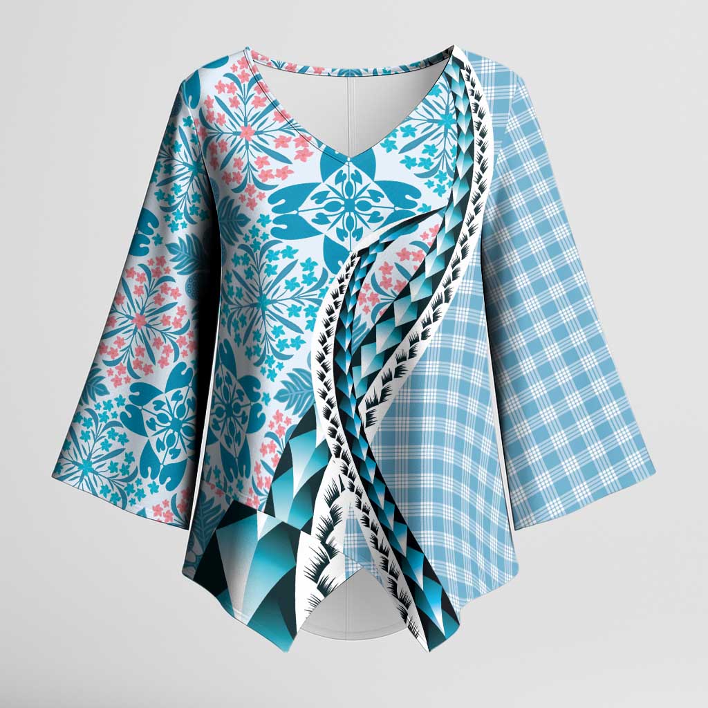 Aloha Vintage Palaka Floral Hawaiian Quilt Kimono Sleeve Blouse Uliuli Motif LT9 Female Blue - Polynesian Pride