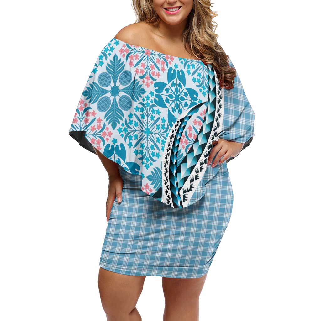 Aloha Vintage Palaka Floral Hawaiian Quilt Off Shoulder Short Dress Uliuli Motif LT9 Women Blue - Polynesian Pride