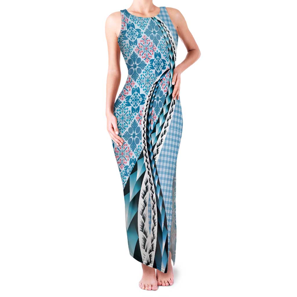 Aloha Vintage Palaka Floral Hawaiian Quilt Tank Maxi Dress Uliuli Motif LT9 Women Blue - Polynesian Pride