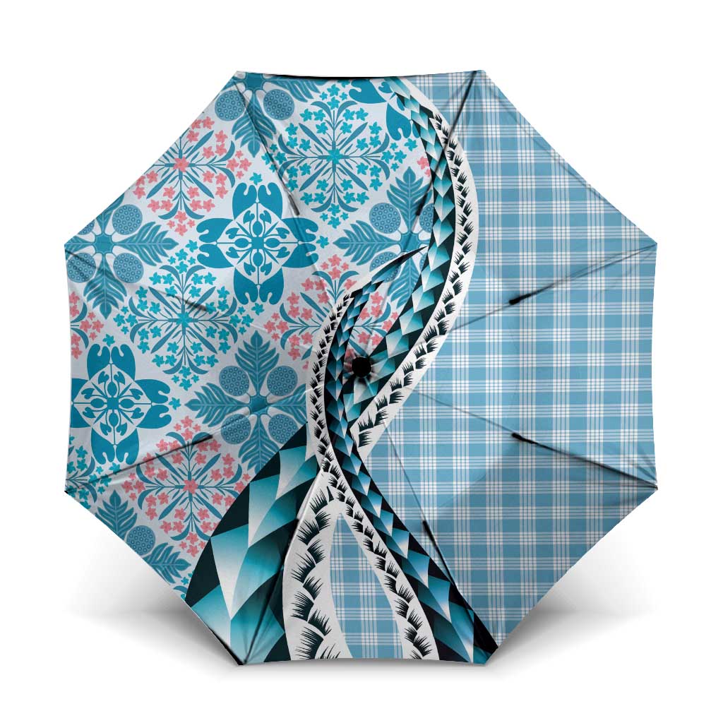 Aloha Vintage Palaka Floral Hawaiian Quilt Umbrella Uliuli Motif LT9 One Size Folded 11.42 inch Opened Diameter 37.4 inch Blue - Polynesian Pride