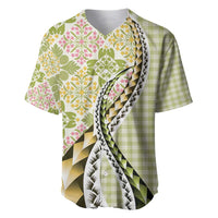 Aloha Vintage Palaka Floral Hawaiian Quilt Baseball Jersey Omaomao Motif LT9 Lime - Polynesian Pride