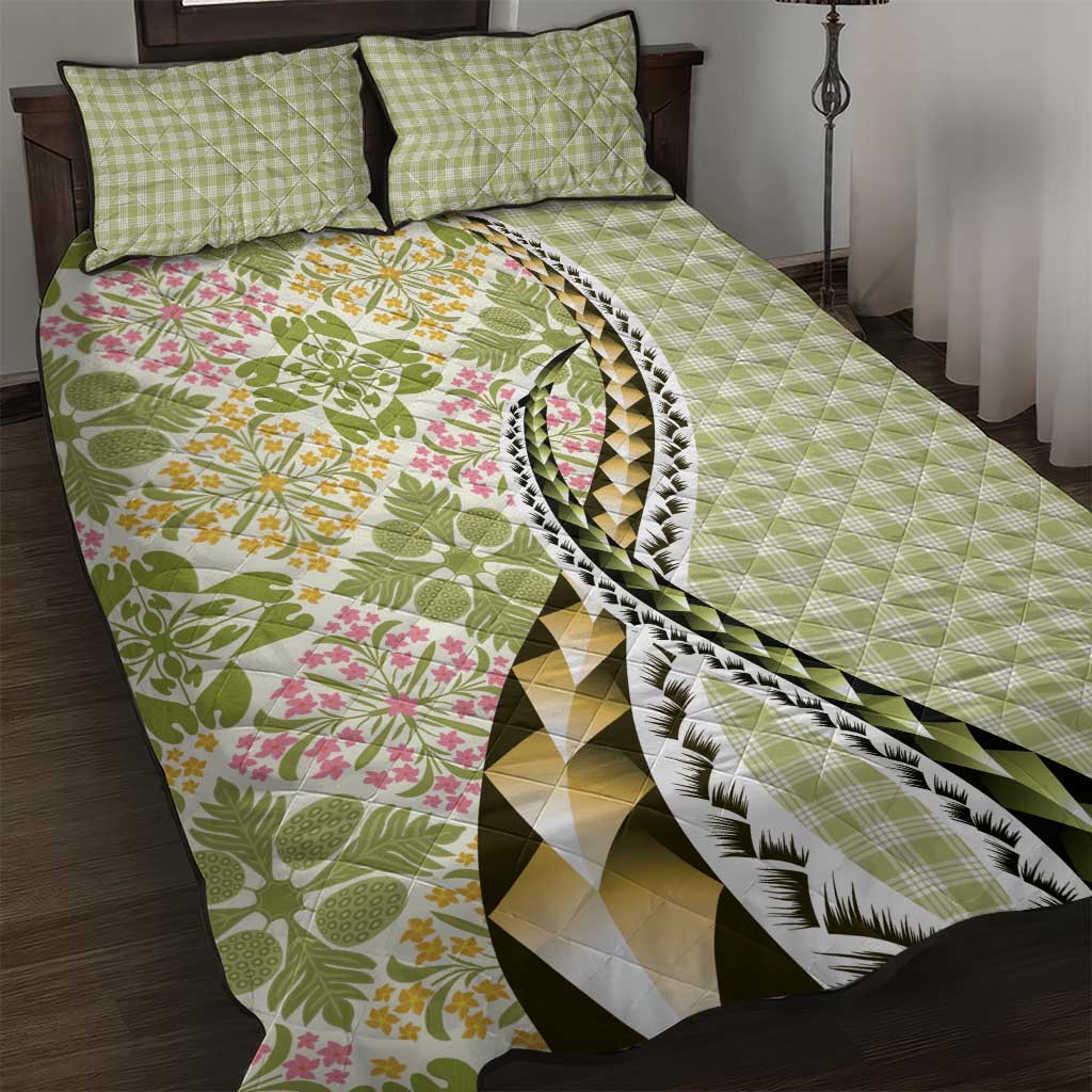 Aloha Vintage Palaka Floral Hawaiian Quilt Quilt Bed Set Omaomao Motif LT9 Lime - Polynesian Pride