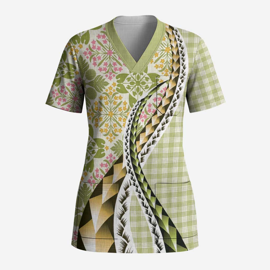 Aloha Vintage Palaka Floral Hawaiian Quilt Scrub Top Omaomao Motif LT9 Adult Lime - Polynesian Pride