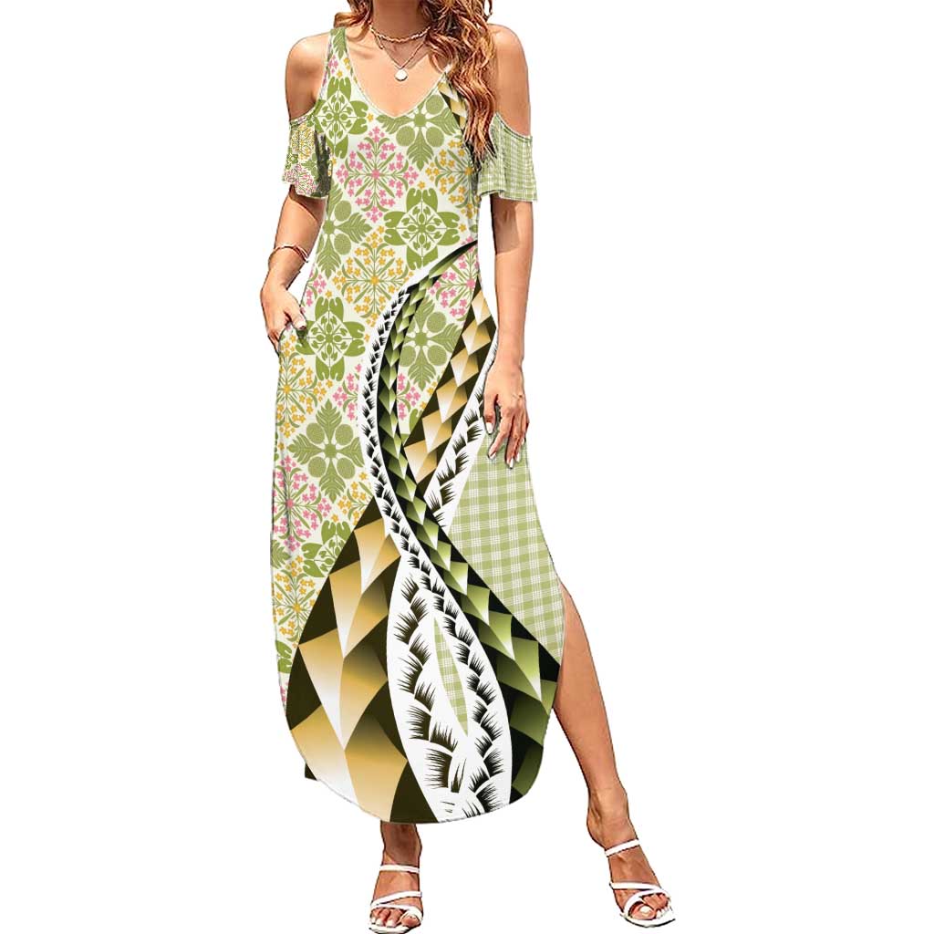 Aloha Vintage Palaka Floral Hawaiian Quilt Summer Maxi Dress Omaomao Motif LT9 Women Lime - Polynesian Pride