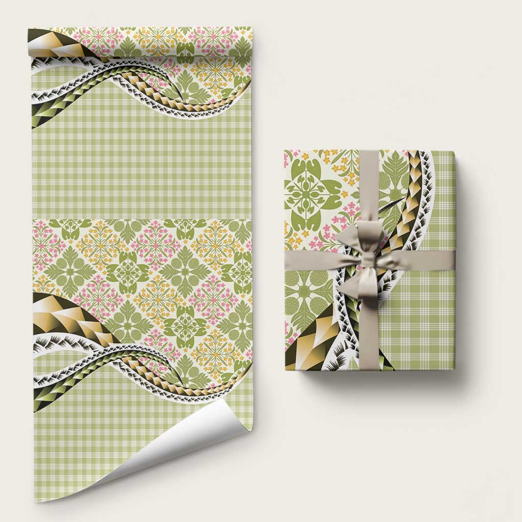 Aloha Vintage Palaka Floral Hawaiian Quilt Wrapping Paper Omaomao Motif LT9 58" × 23" Lime - Polynesian Pride