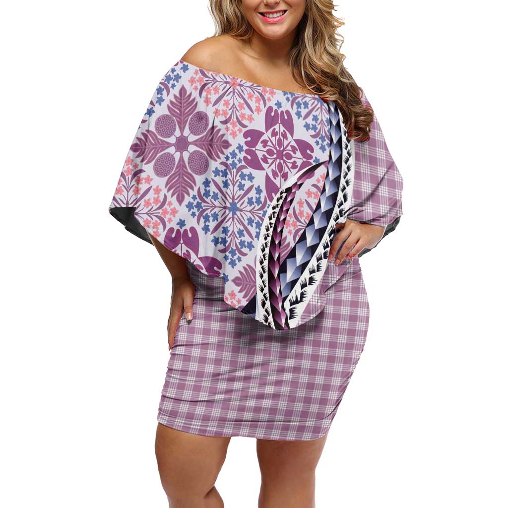 Aloha Vintage Palaka Floral Hawaiian Quilt Off Shoulder Short Dress Akala Motif LT9 Women Pink - Polynesian Pride