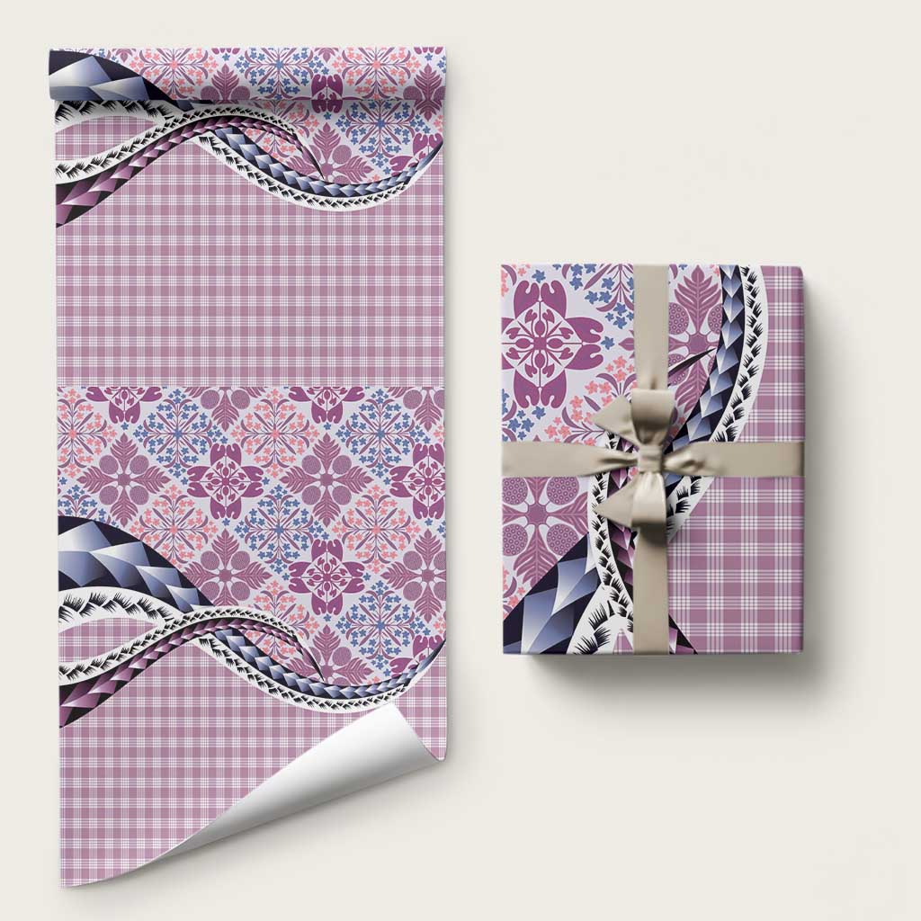 Aloha Vintage Palaka Floral Hawaiian Quilt Wrapping Paper Akala Motif LT9 58" × 23" Pink - Polynesian Pride