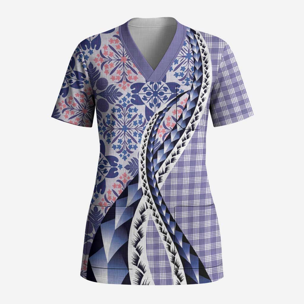 Aloha Vintage Palaka Floral Hawaiian Quilt Scrub Top Poni Motif LT9 Adult Purple - Polynesian Pride