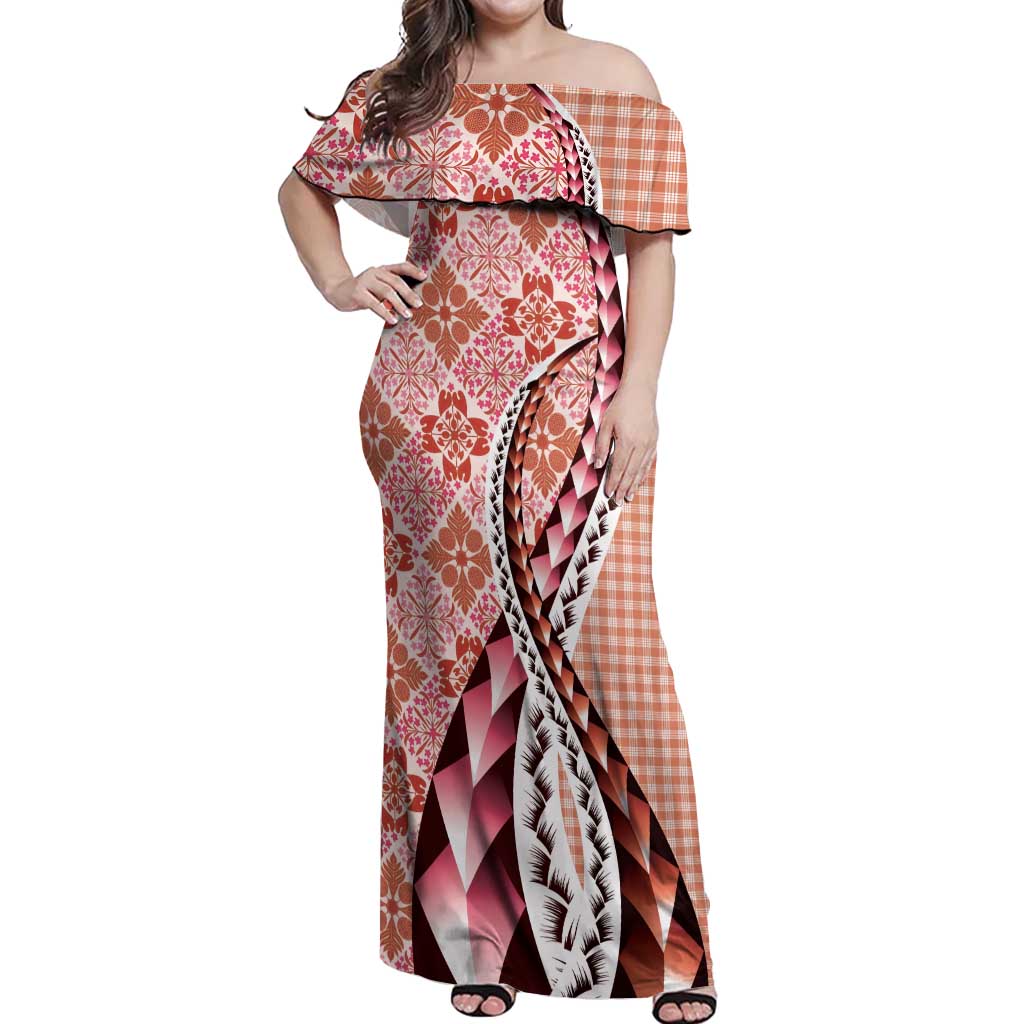 Aloha Vintage Palaka Floral Hawaiian Quilt Off Shoulder Maxi Dress Ulaula Motif LT9 Women Red - Polynesian Pride