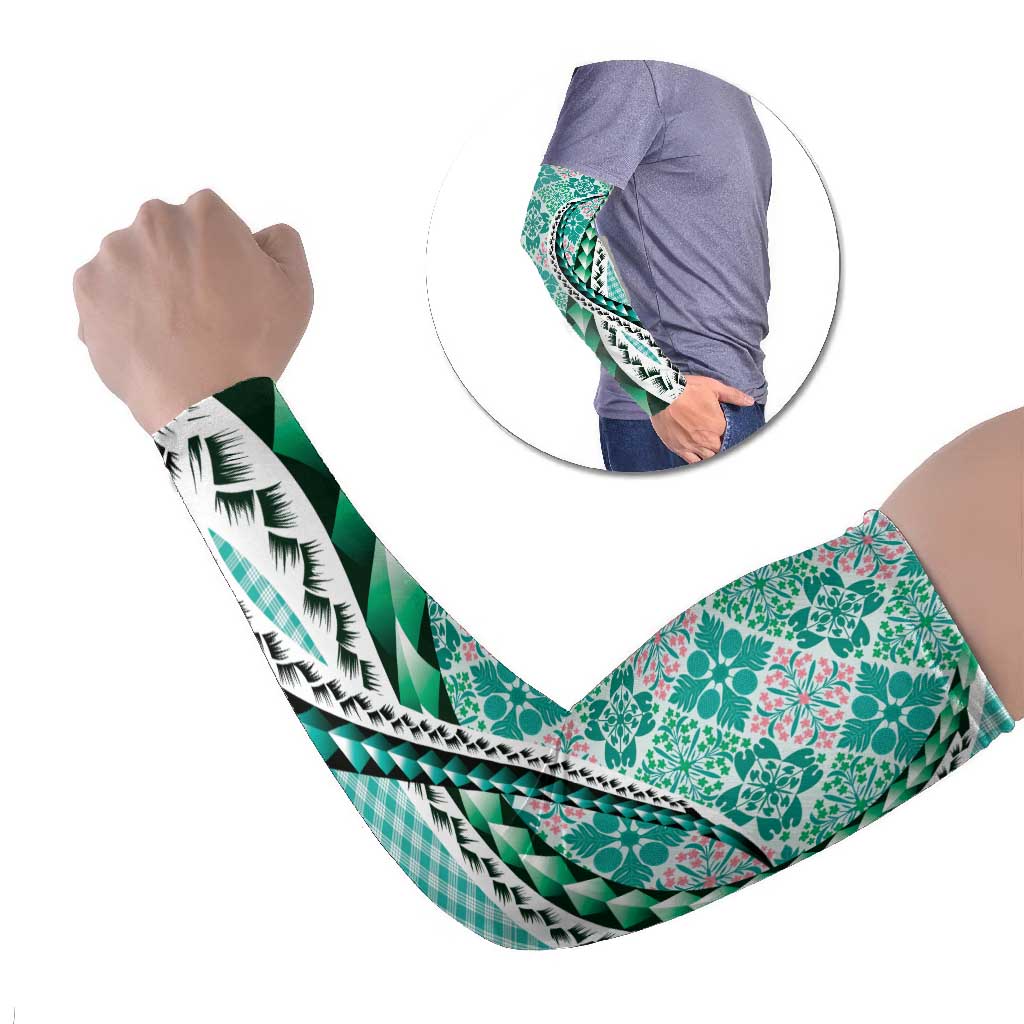 Aloha Vintage Palaka Floral Hawaiian Quilt Arm Sleeves Polu Motif LT9 Set of 2 Turquoise - Polynesian Pride