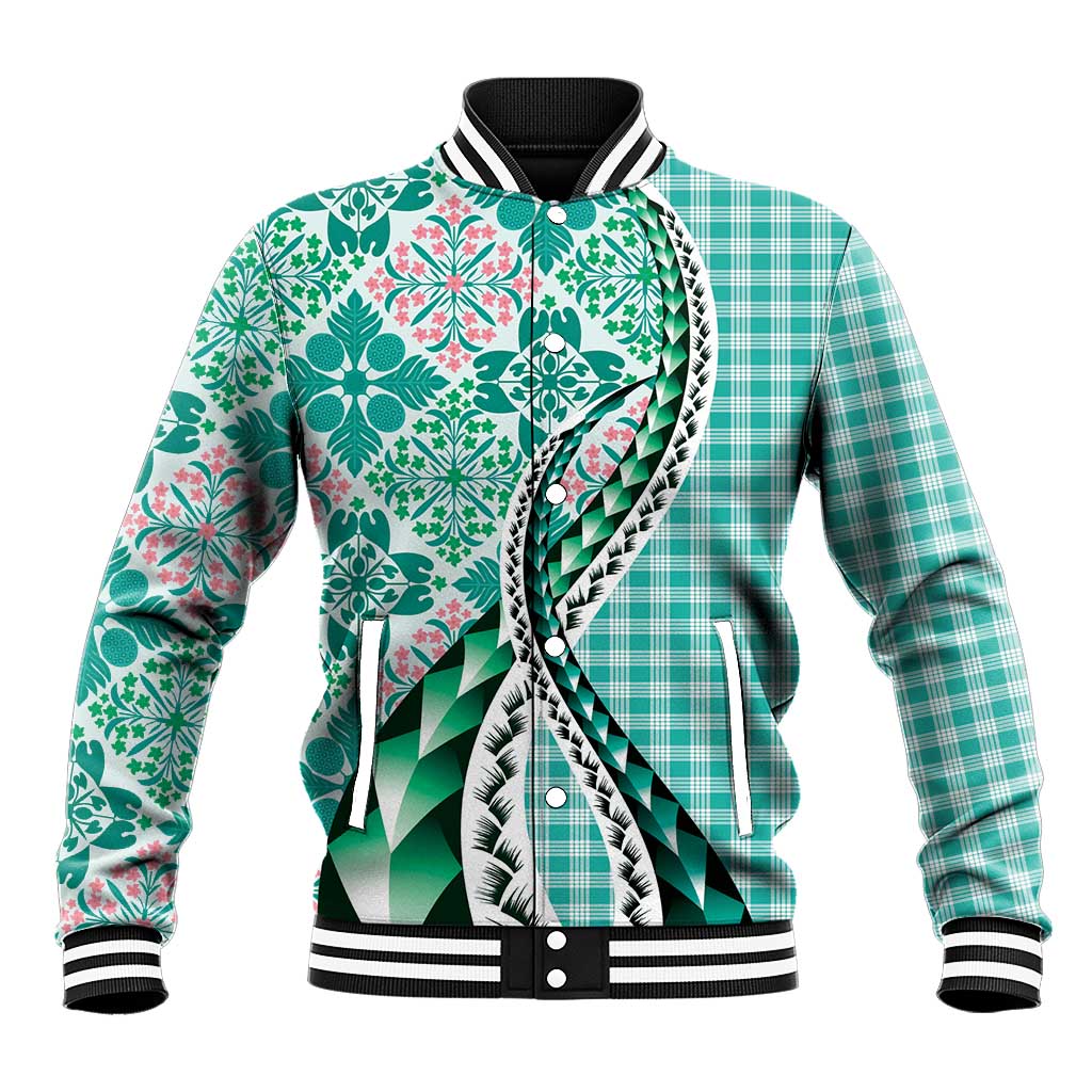 Aloha Vintage Palaka Floral Hawaiian Quilt Baseball Jacket Polu Motif LT9 Unisex Turquoise - Polynesian Pride