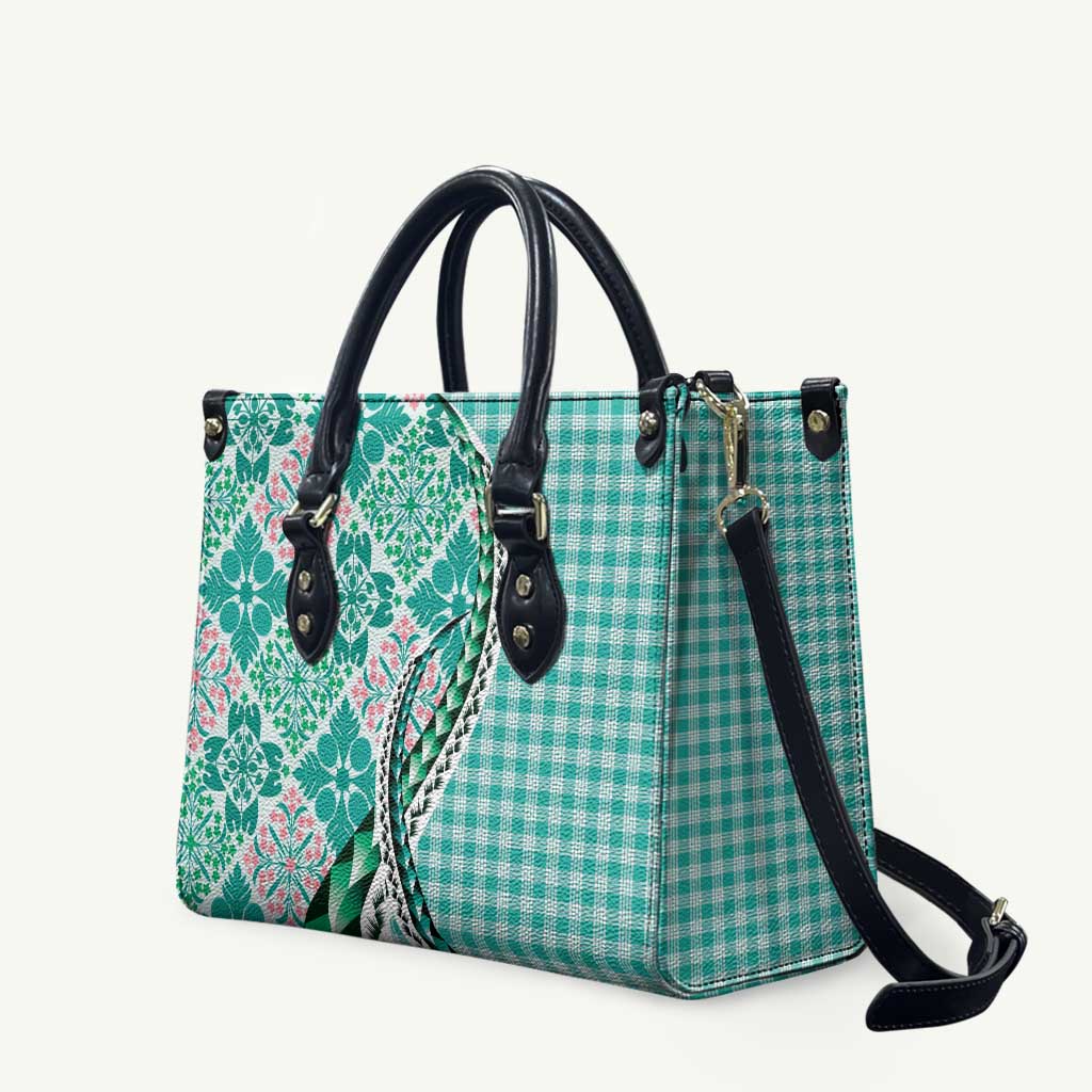 Aloha Vintage Palaka Floral Hawaiian Quilt Leather Bag Polu Motif LT9 Turquoise - Polynesian Pride