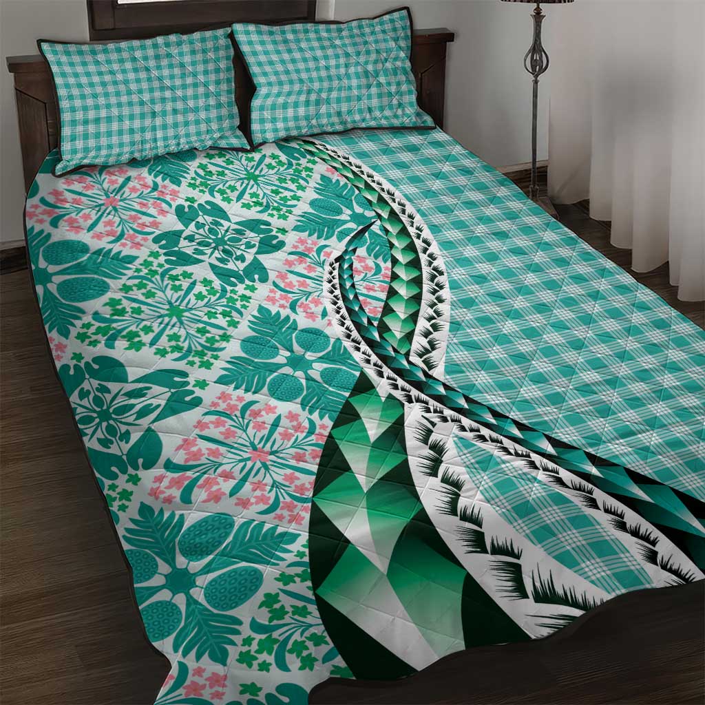 Aloha Vintage Palaka Floral Hawaiian Quilt Quilt Bed Set Polu Motif LT9 Turquoise - Polynesian Pride