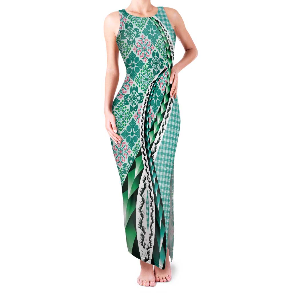 Aloha Vintage Palaka Floral Hawaiian Quilt Tank Maxi Dress Polu Motif LT9 Women Turquoise - Polynesian Pride